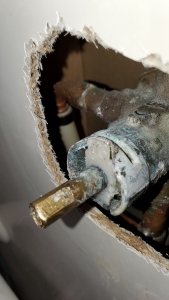 hard water build-up in a shower faucet